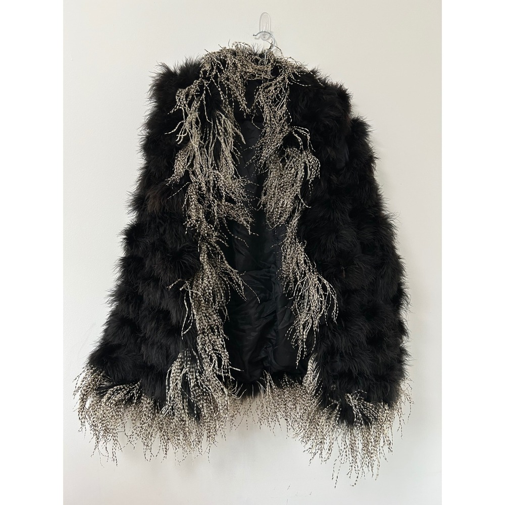 Ostrich Feather Vest Shawl Poncho Women One Size Black Grizzly Trim Glamcore